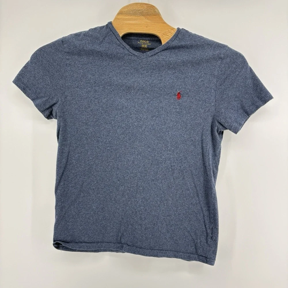 Polo Ralph Lauren Men's Medium T-Shirt V-Neck  Blue Heather Red Pony